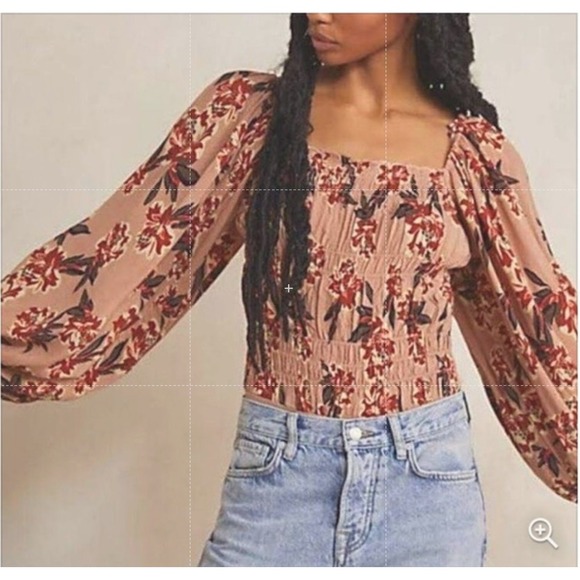 Free People Tops - Free People Sz M Wild Daze Floral Bodysuit Square Neck Bishop Sleeve Smocked